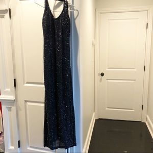 David’s Bridal Navy Beaded Halter Gown